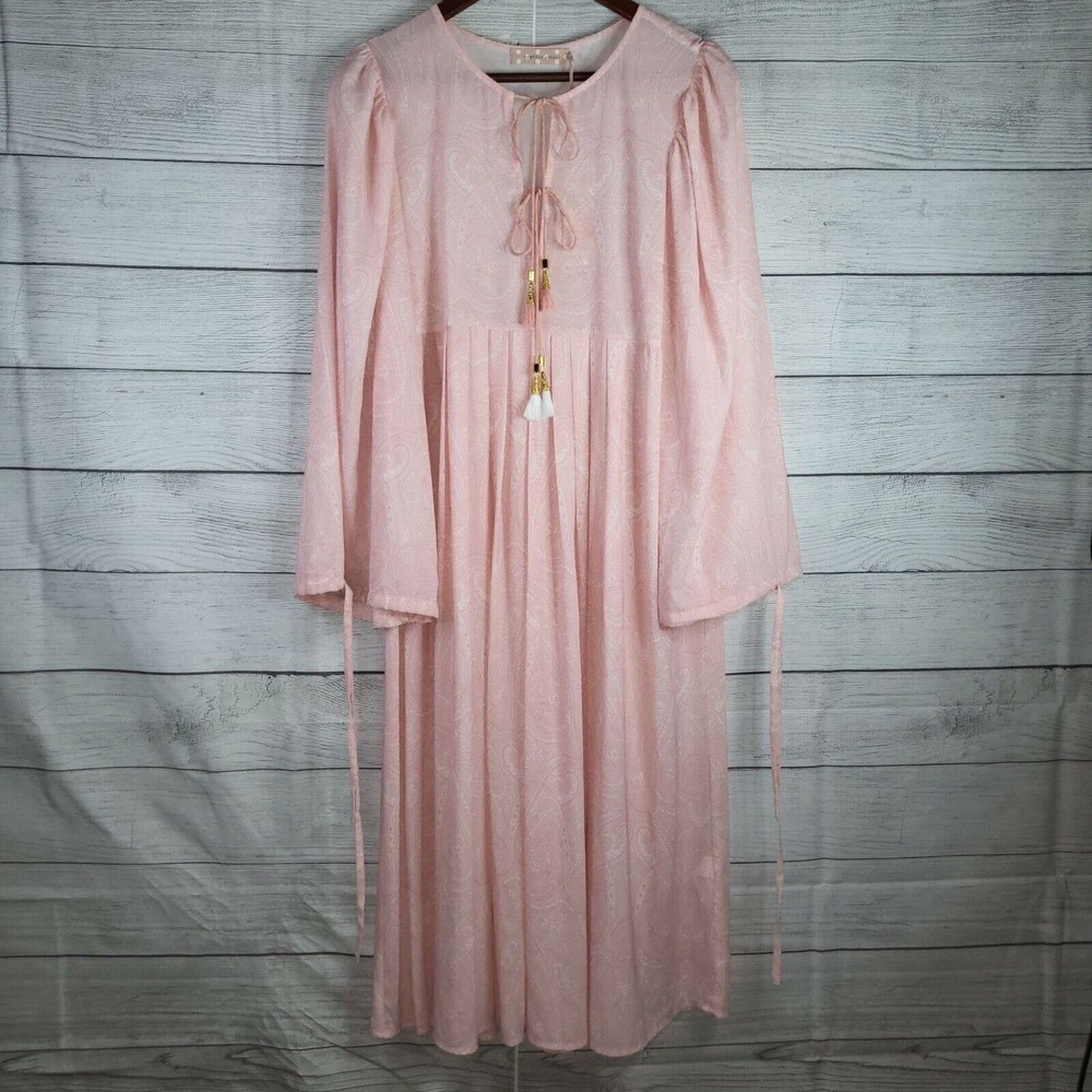 NWT Traffic People Womens Pink Boho Blues Tie Front Paisley Midi Dress Sz Small